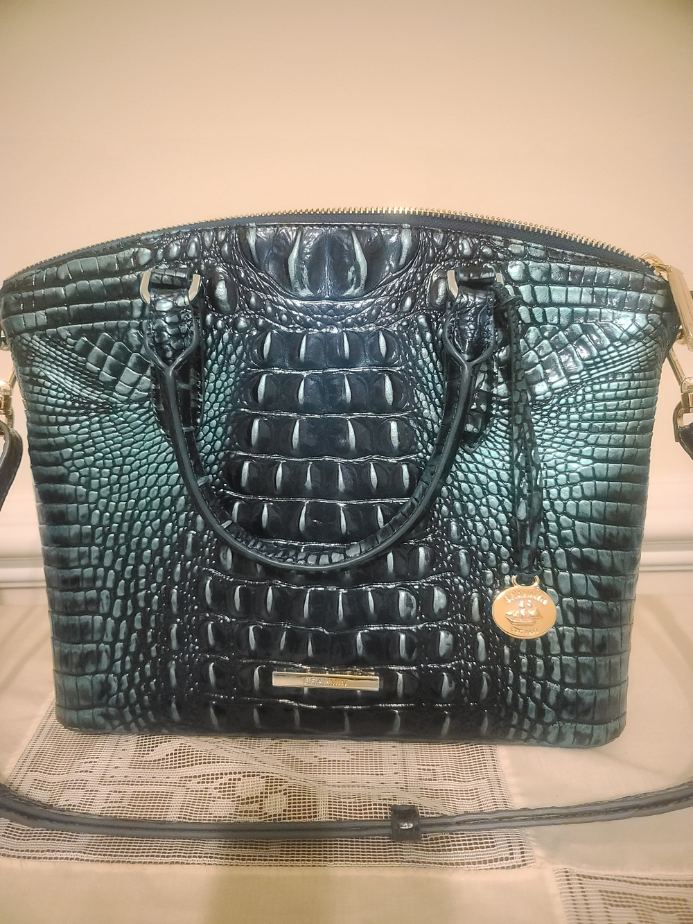Brahmin Teal Croc-Embossed Satchel Handbag